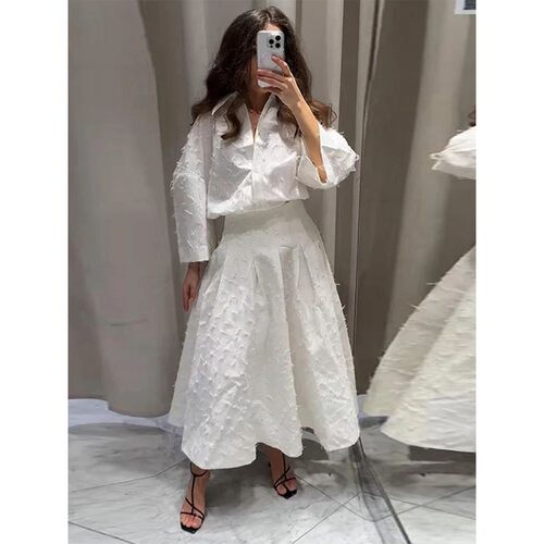 女气质流苏羽毛衬衫半身裙套装