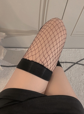 性感黑丝渔网袜女夏季薄款红色边过膝高筒袜纯欲黑色半截长筒网袜