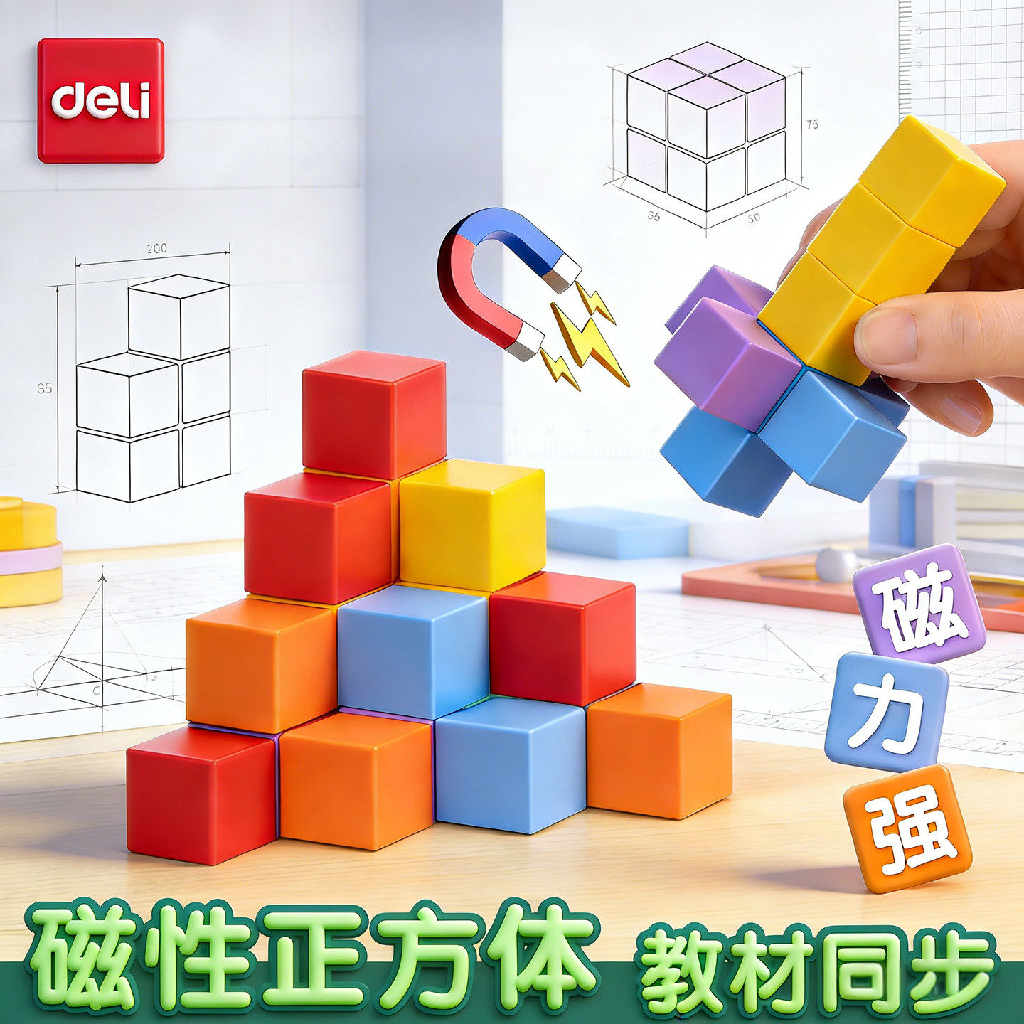 得力磁性正方体教具小学一到六年级数学磁力立体几何体六面磁吸图形观