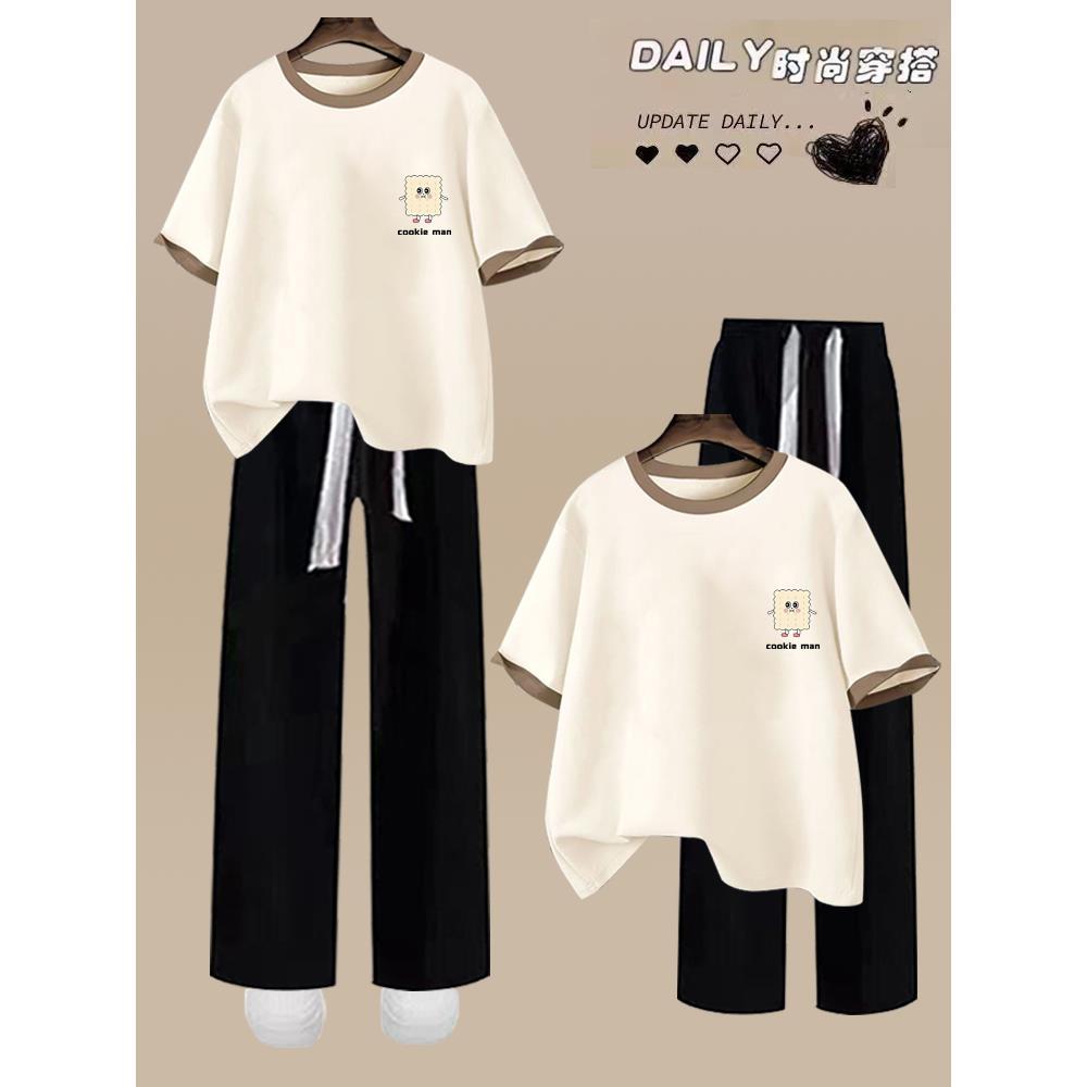 休闲运动套装少女夏天穿搭衣服初中高中学生学院风短袖长裤两件套