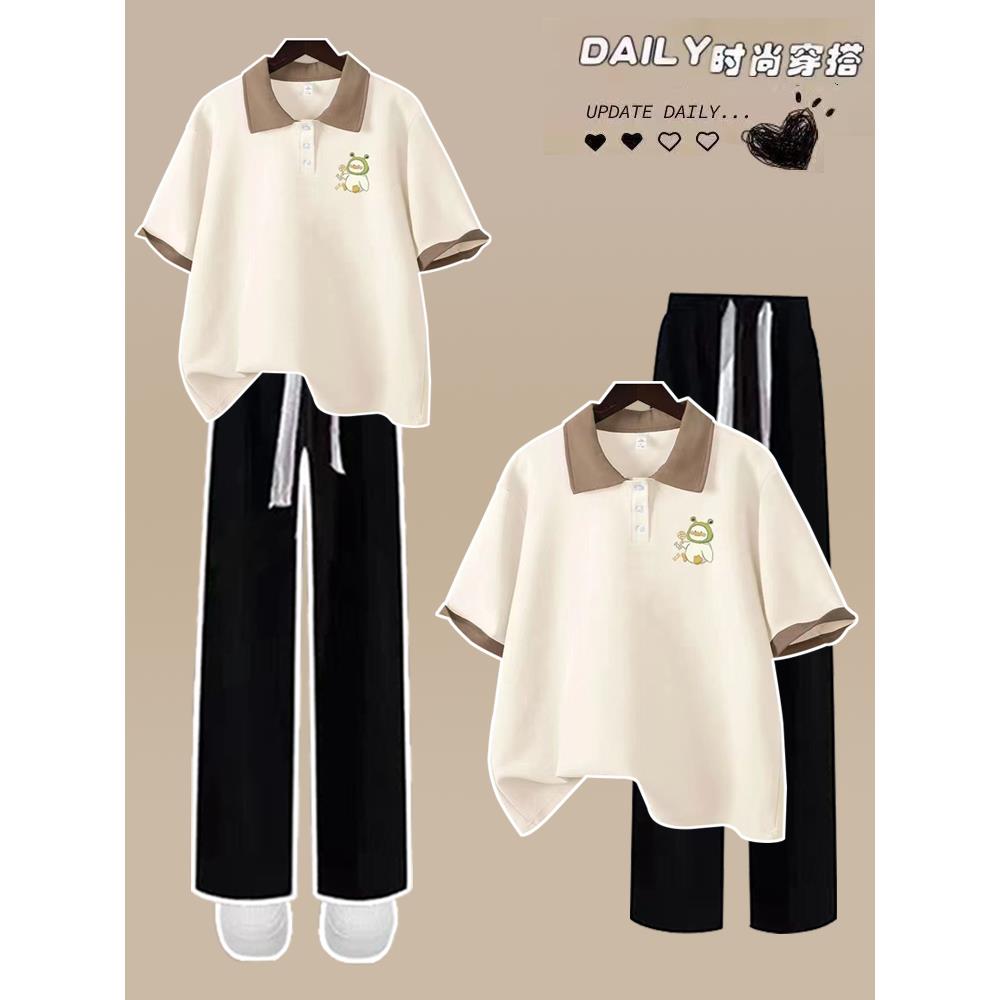 休闲运动套装少女夏装2025新款初中高中学生日系短袖长裤子两件套