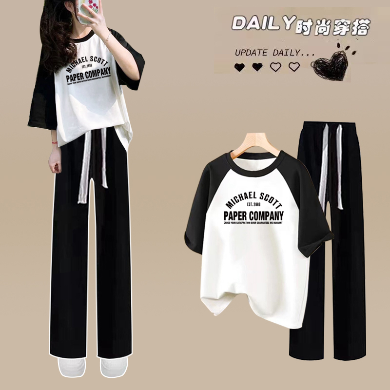 短袖T恤少女夏装2024新款初中高中学生时尚女孩夏天休闲衣服套装