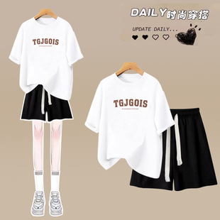 纯棉短袖T恤少女夏装2025新款初中高中学生衣服运动休闲短裤套装