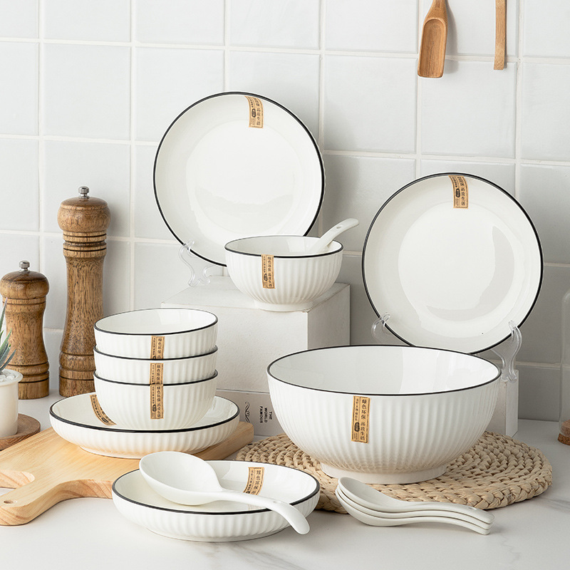 高性价比竖纹陶瓷餐具碗碟套装网红釉下彩碗碟盘套装家用碗筷礼品