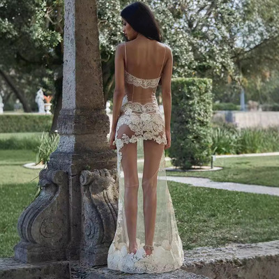 网纱透视吊带露背长裙