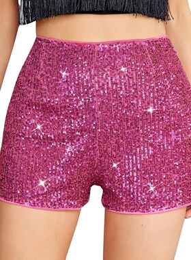 纯色亮片性感短裤  Solid-color sequined mid-waist sexy shorts
