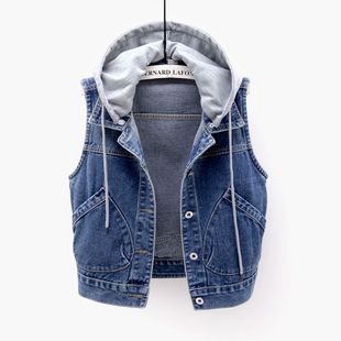 version short hooded vest 短款 denim 连帽牛仔马甲女Korean