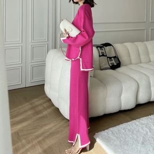 pants contrast wide 针织套装 piece Color two leg sweater set