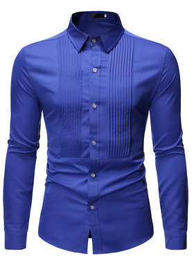 Ruffled long-sleeved shirt at front 胸前褶皱设计纯色长袖衬衫