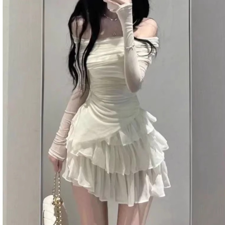 一字肩修身上衣+蛋糕半身裙套装