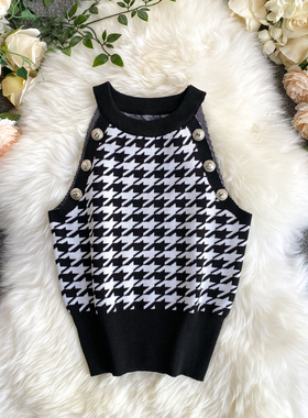 Houndstooth sleeveless button vest女生千鸟格无袖纽扣针织背心
