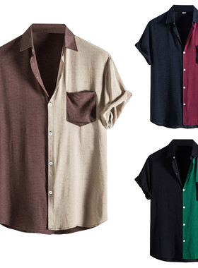 Contrasting panels short-sleeved shirt撞色拼接贴袋短袖男衬衫