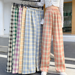 straight Checkered waisted trousers格纹高腰垂感直筒裤 high 女