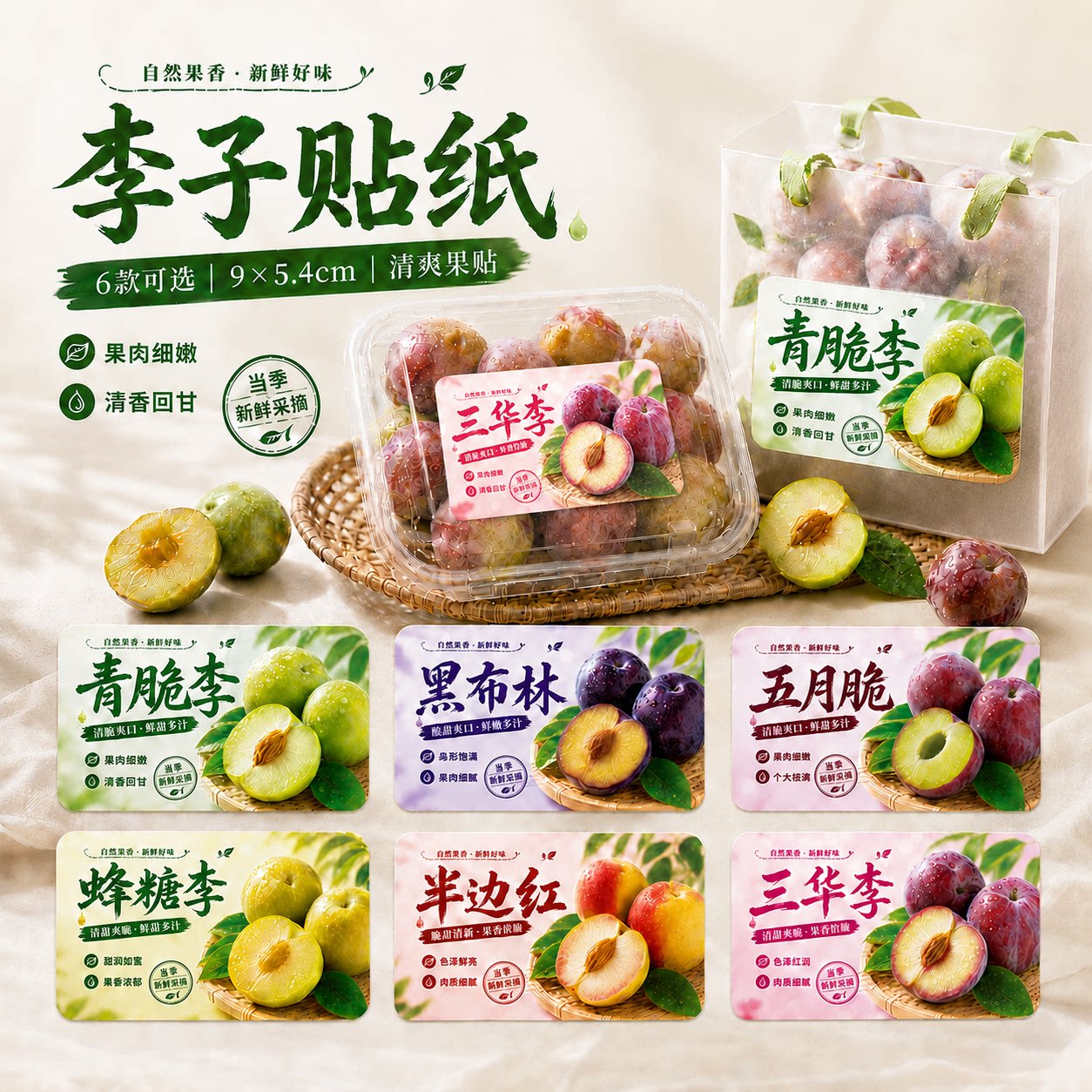 李子贴纸水果标签果盒包装封口贴青脆李黑布林三华李蜂糖李现货
