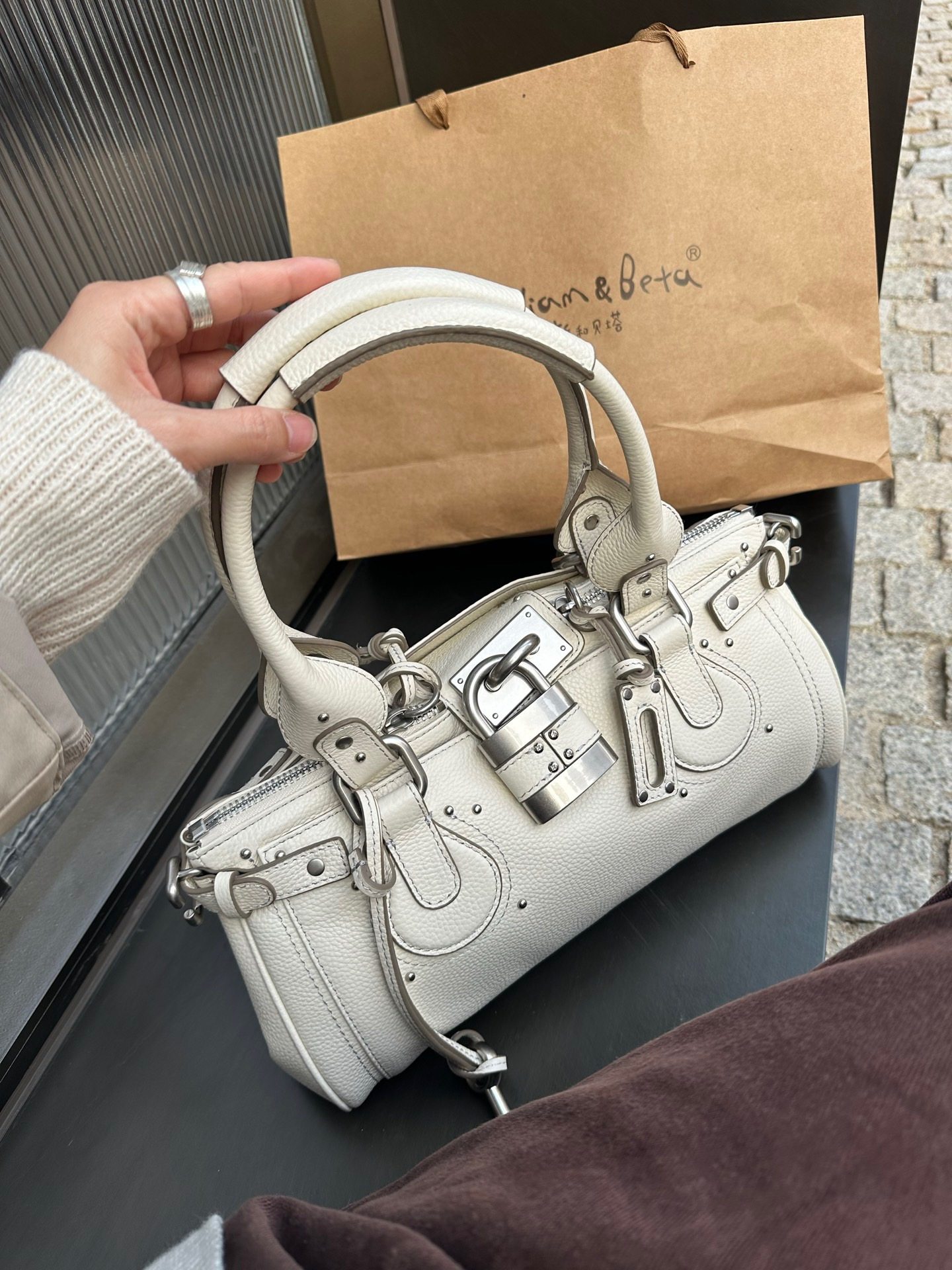 thumbnail for Vintage Paddington bag, leather light luxury, high-end lock, motorcycle bag, commuting versatile, sweet and cool style rivet pillow bag
