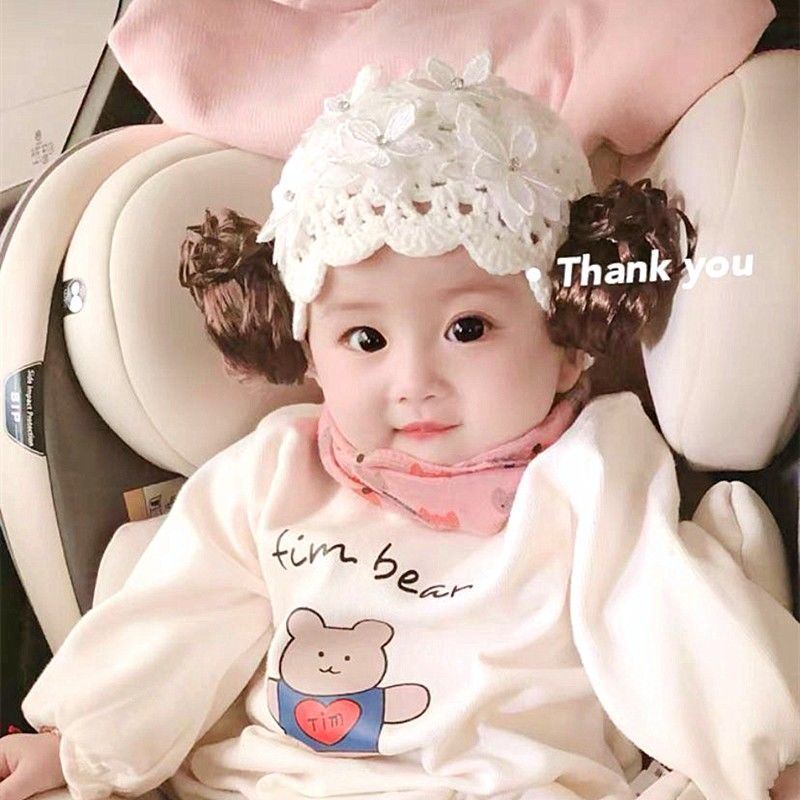 婴儿帽子公主风韩版假发帽宝宝可爱超萌公主帽手工编织女童假发帽