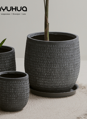 灰色复古圆形简约仿水泥欧式客厅琴叶榕创意天堂鸟专用幸福树花盆