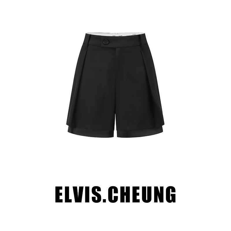ELVIS.CHEUNG25春夏拼真丝中裤假两件短裤女休闲裤高腰显瘦百搭