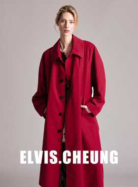 ELVIS.CHEUNG26贺岁新款翻领长款风衣女红色新年廓形外套老钱复古