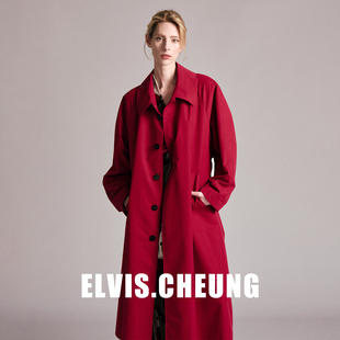 ELVIS.CHEUNG26贺岁新款翻领长款风衣女红色新年廓形外套老钱复古