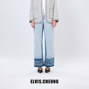 ELVIS.CHEUNG蒋云25春夏新品水洗做旧拼接牛仔裤女休闲长裤显瘦