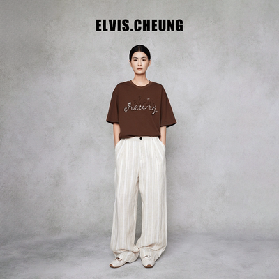 ELVIS.CHEUNG条纹亚麻褶式阔腿裤