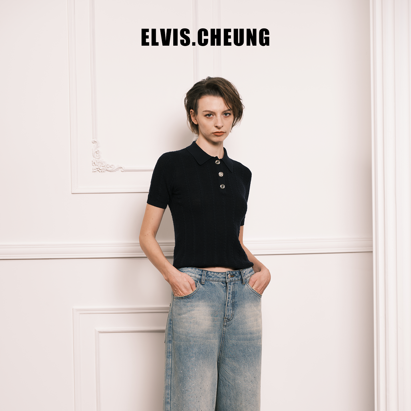 ELVIS.CHEUNG25秋冬绞花坑条短袖polo衫女宽松休闲上衣显瘦百搭,女装/女士精品,POLO衫,淘宝优惠券,粉丝福利购,淘宝优惠卷