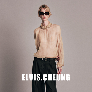 ELVIS.CHEUNG26早春简约立领钉珠装饰长袖衬衫女轻熟通勤上衣优雅
