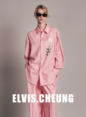 ELVIS.CHEUNG26早春刺绣花朵宽松衬衫粉色长袖女宽松翻领上衣显瘦