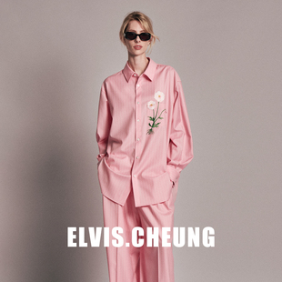 ELVIS.CHEUNG26早春刺绣花朵宽松衬衫粉色长袖女宽松翻领上衣显瘦
