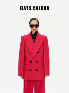【朱珠同款】ELVIS.CHEUNG设计师精纺羊毛复古H版西装外套珊瑚红