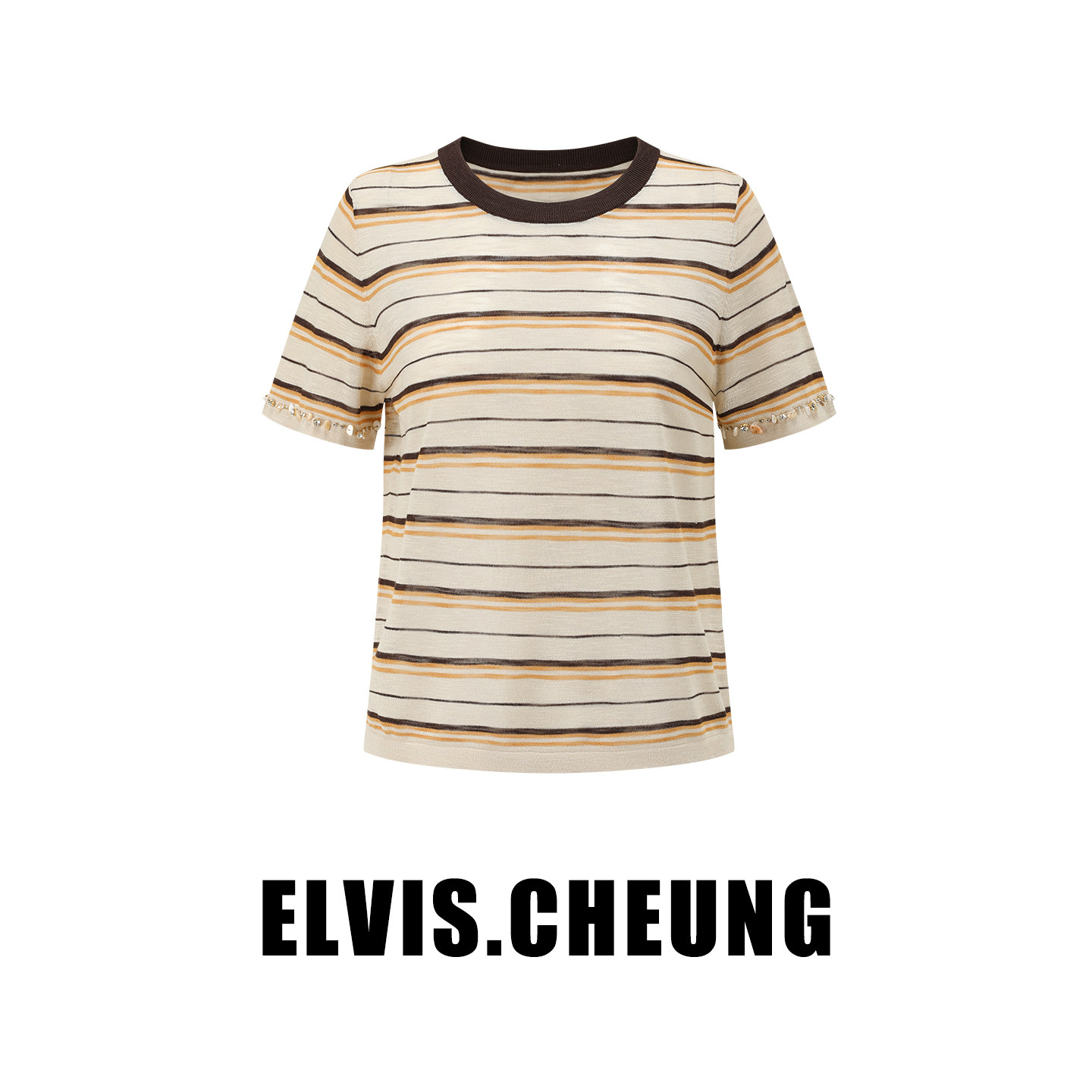 ELVIS.CHEUNG26春夏贝壳装饰条纹T恤女圆领宽松套头针织衫短袖