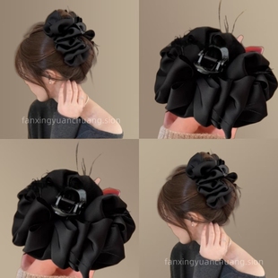 高级感黑色泡泡袖大号发量多抓夹精致鲨鱼夹后脑勺发夹