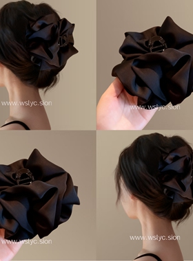 黑色气质泡泡袖抓夹女高级感蝴蝶结后脑勺盘发鲨鱼夹大号发量多