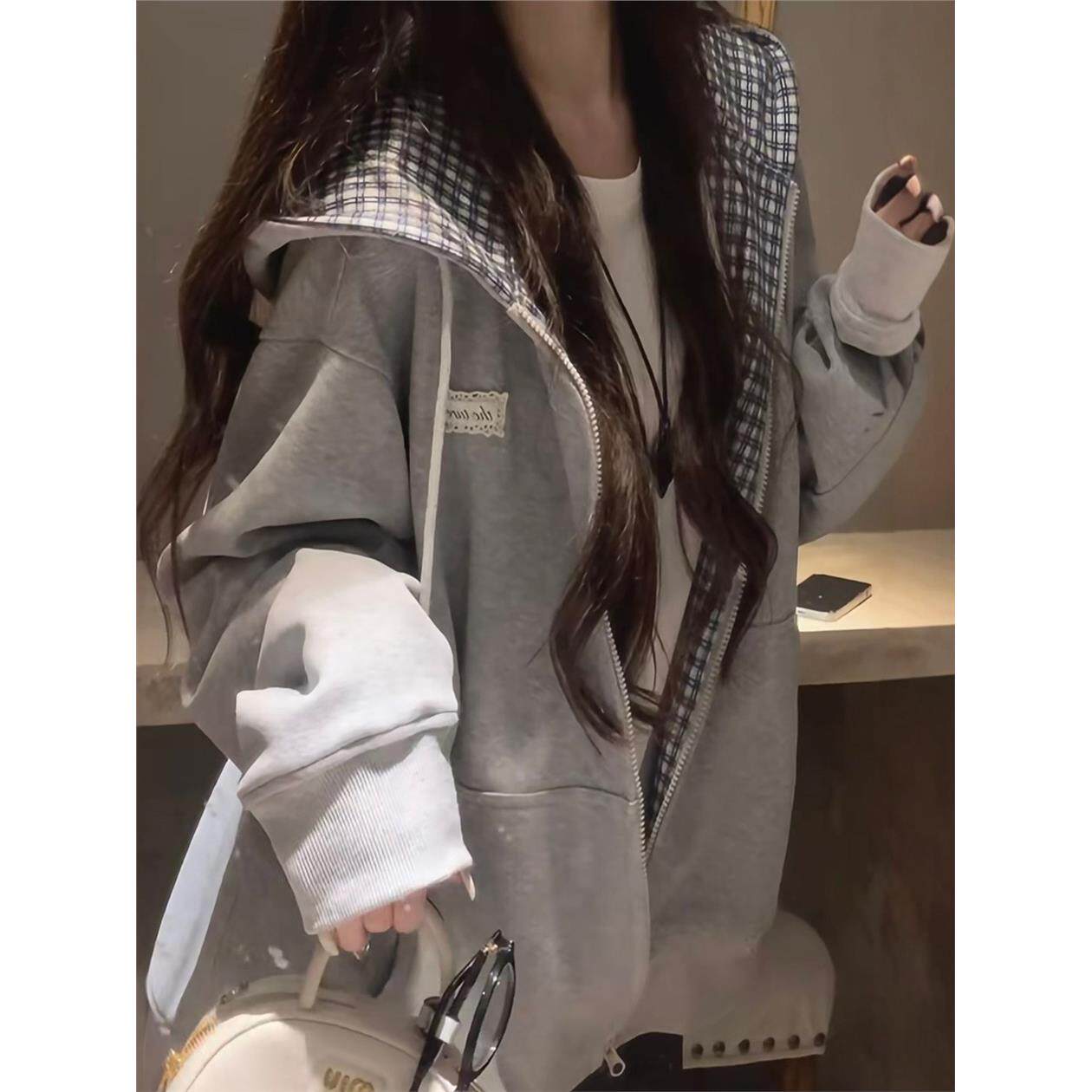 2025爆款格子拼接开衫卫衣女春秋季宽松慵懒风oversize连帽外套潮