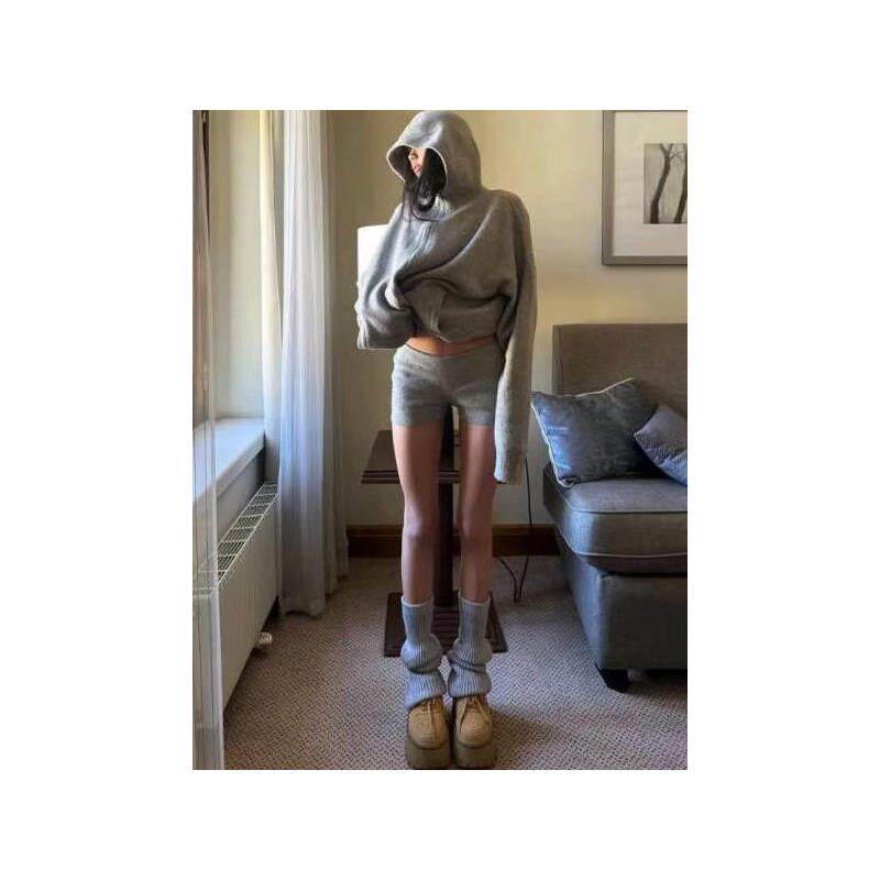 休闲卫衣套装女秋季慵懒灰色毛衣开衫外套针织短裤辣妹时尚两件套