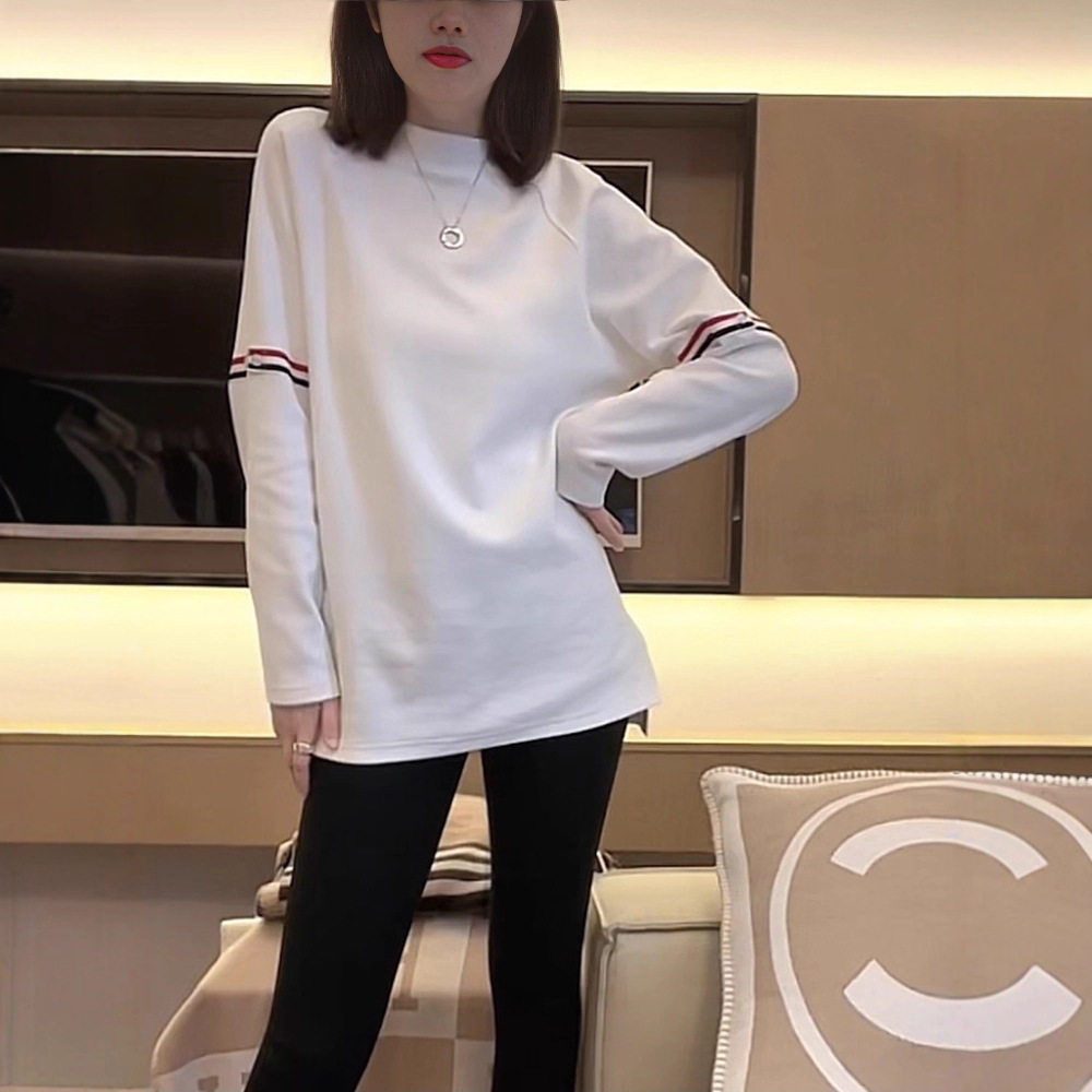 双杆拼色长袖t恤女春秋冬季新款韩版内搭打底衫宽松大码显瘦