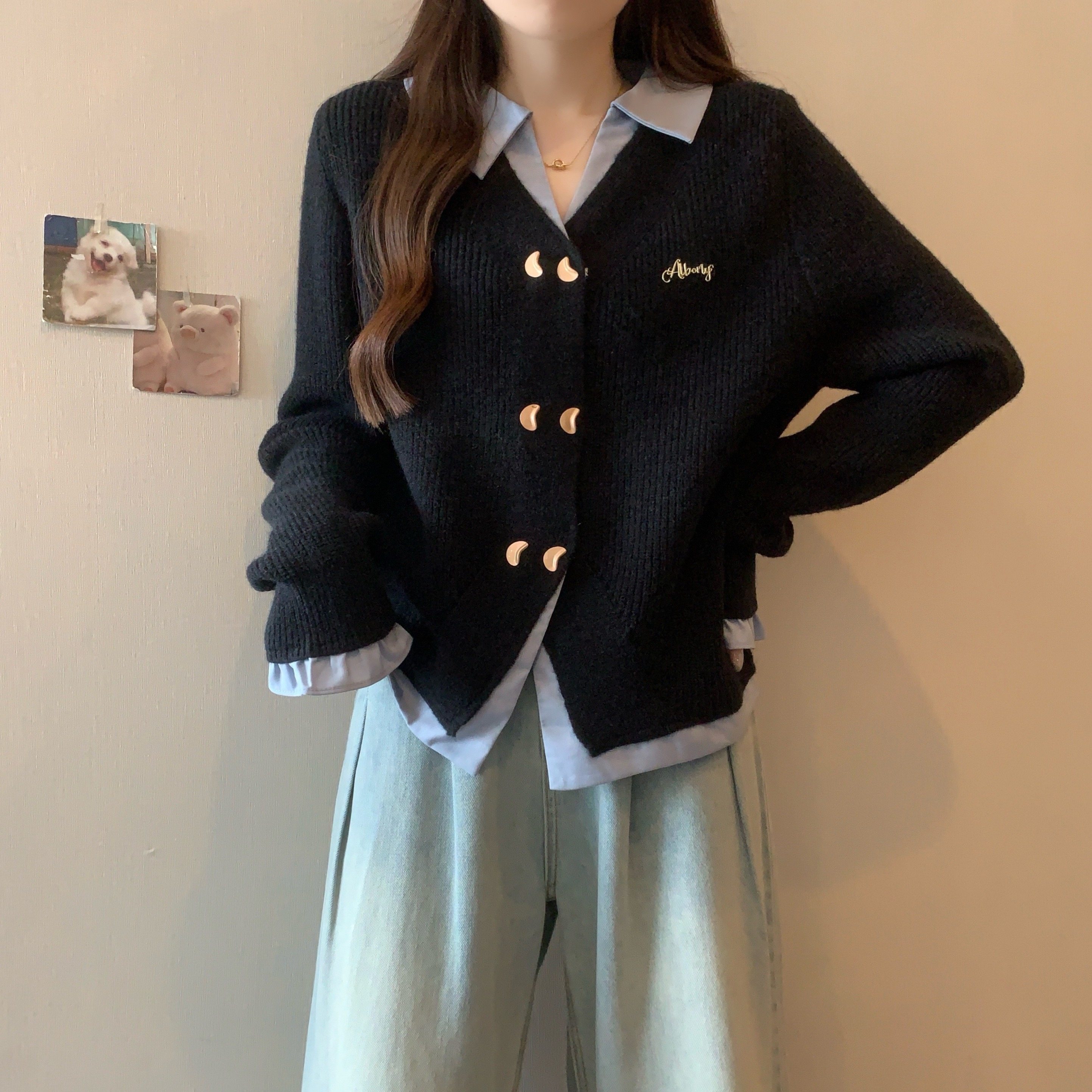 实拍~大码秋冬新款polo领假两件针织衫胖mm宽松刺绣开衫毛衣外套