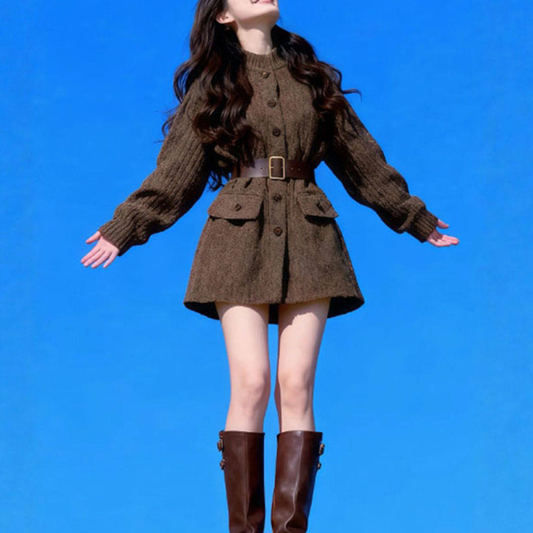 韩系气质高级感收腰针织洋装秋冬新款独特超好看的冬装毛衣短裙