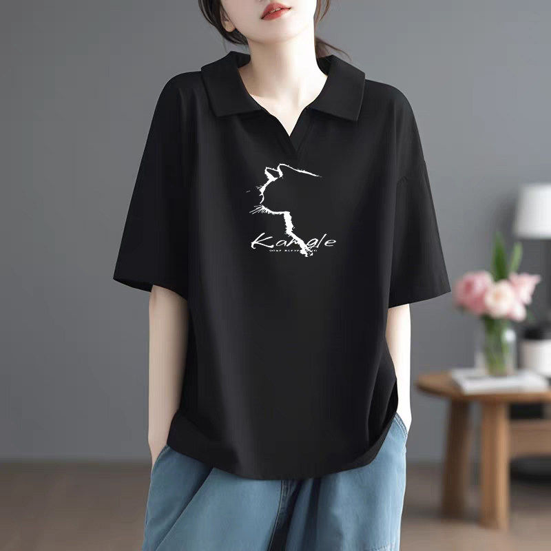 欧货纯棉黑色POLO领正肩短袖t恤女夏2025新款宽松多巴胺T恤上衣