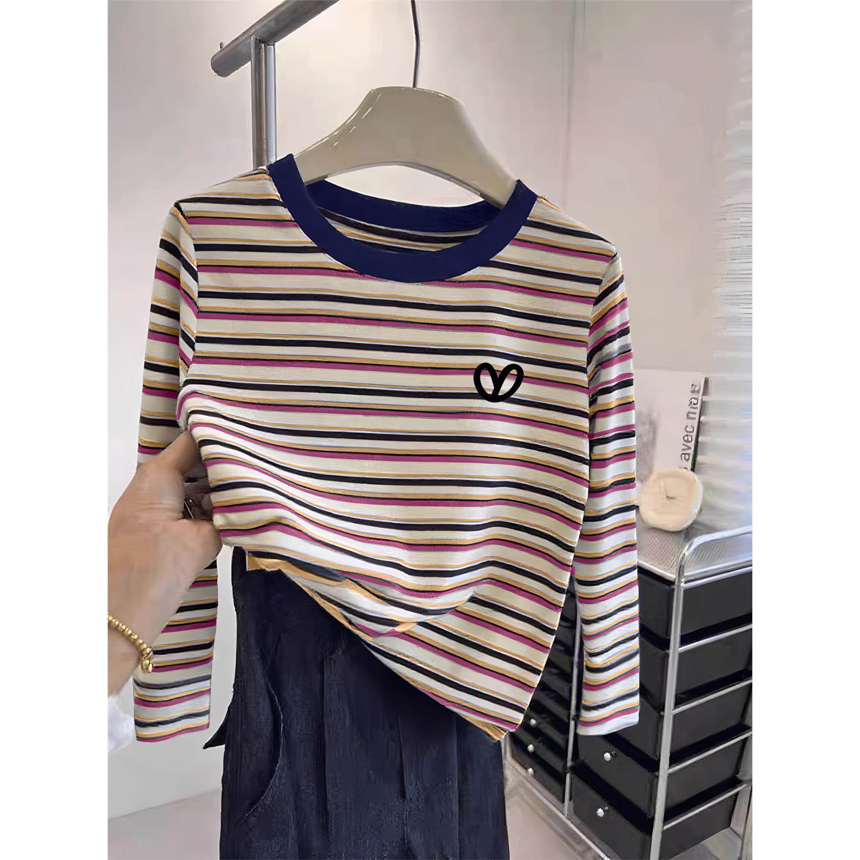 纯棉春秋条纹上衣女长袖t恤韩版宽松显瘦百搭别致减龄内搭打底衫