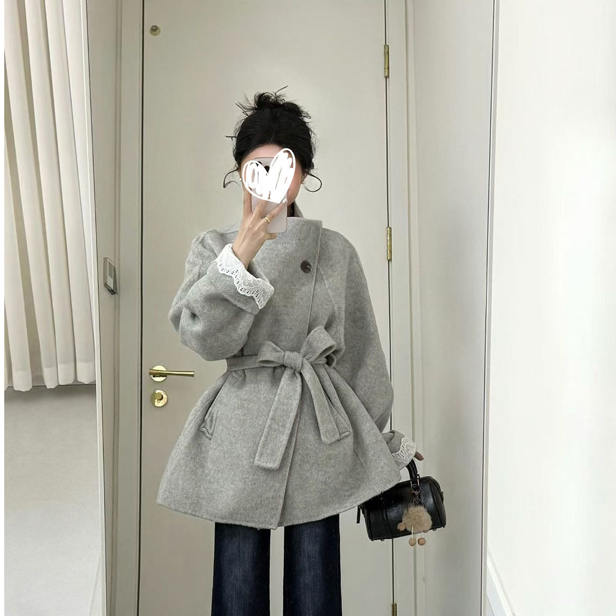 设计感灰色立领短款大衣女2025秋冬新款爆款高级系带毛呢外套上衣