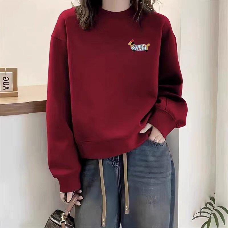 爆款安可拉红色圆领卫衣女秋冬美式慵懒宽松休闲加绒加厚上衣外套