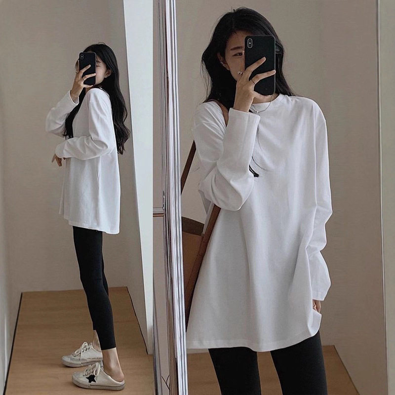 2026新款白色内搭t恤女早秋中长款遮屁股宽松长袖打底衫纯色上衣