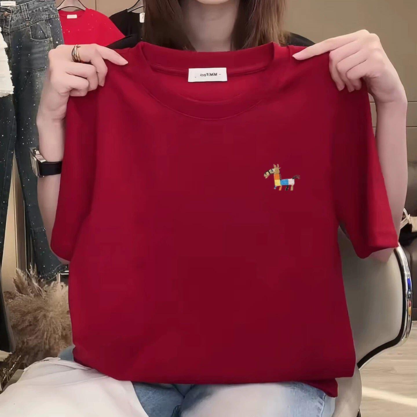 正肩纯棉短袖t恤女装小众设计感时尚百搭洋气红色上衣打底衫夏季