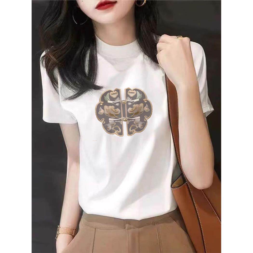 2025夏季纯棉半高领新款短袖T恤女宽松显瘦打底衫休闲百搭上衣潮