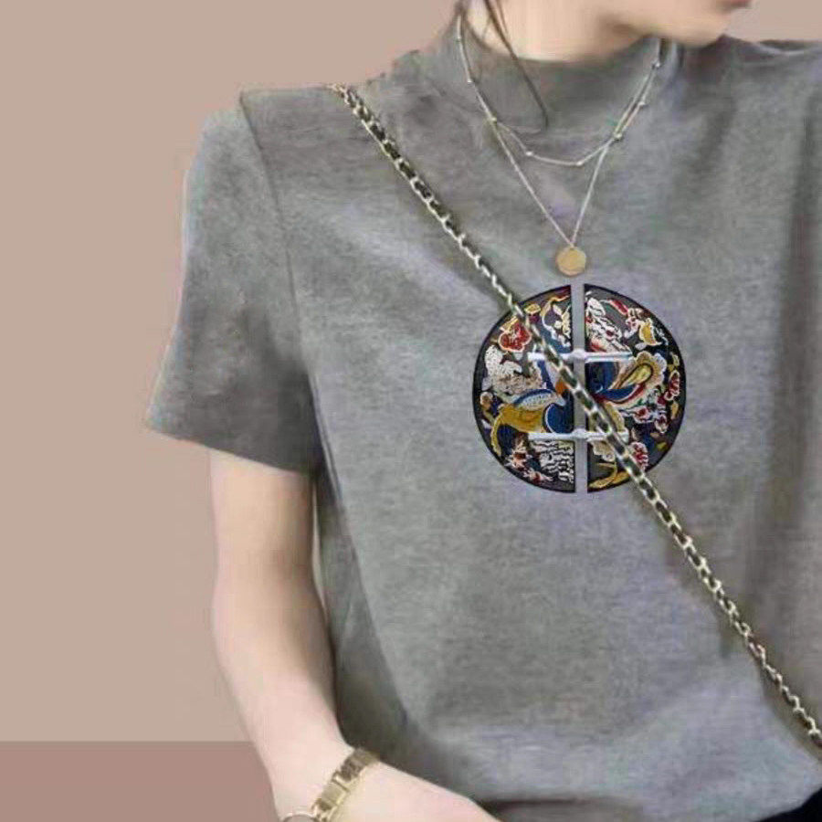 欧货半高领纯棉正肩短袖t恤女夏季宽松显瘦打底衫小立领灰色上衣