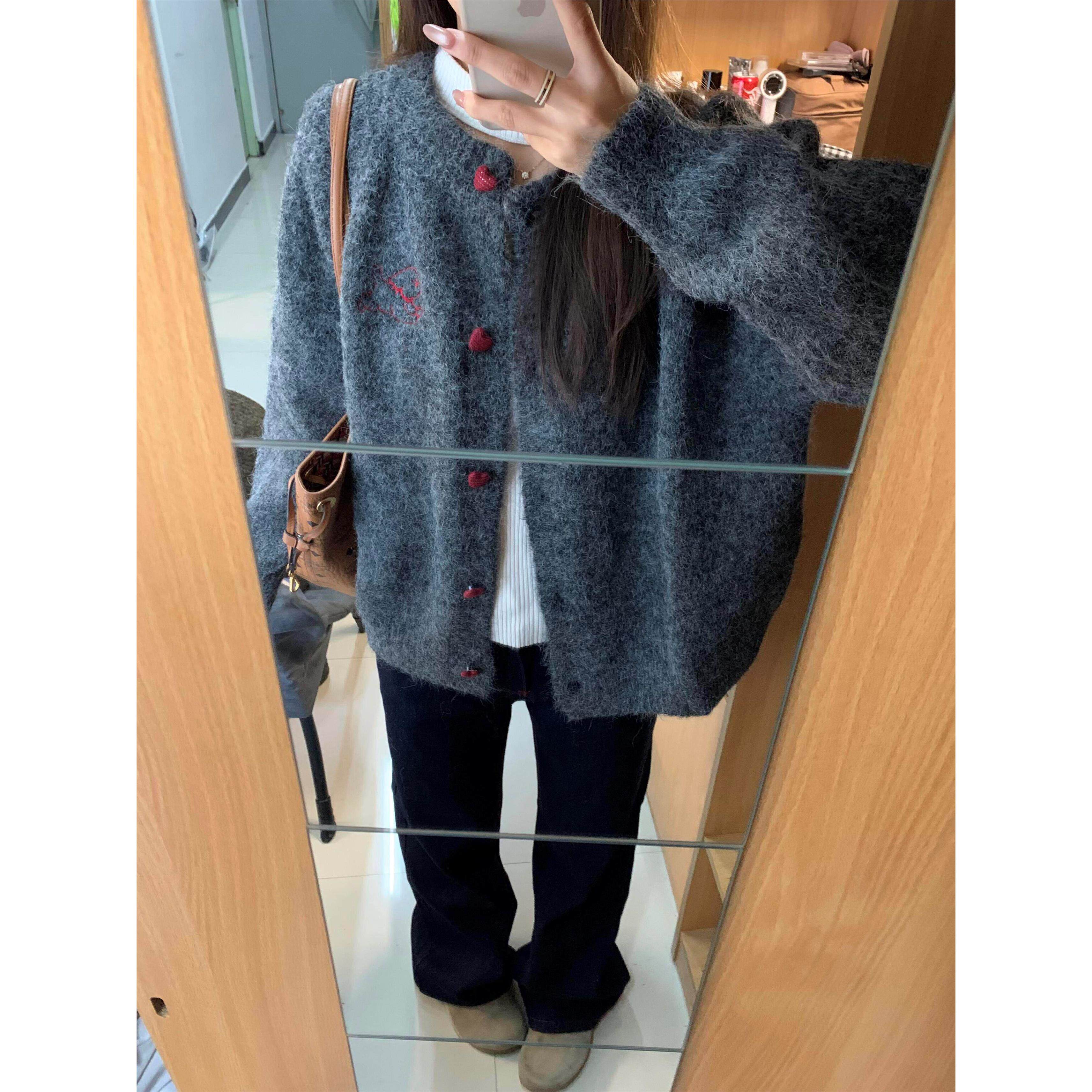 覆古灰色圆领针织开衫女早春季软糯毛衣外套宽松穿搭内搭上衣