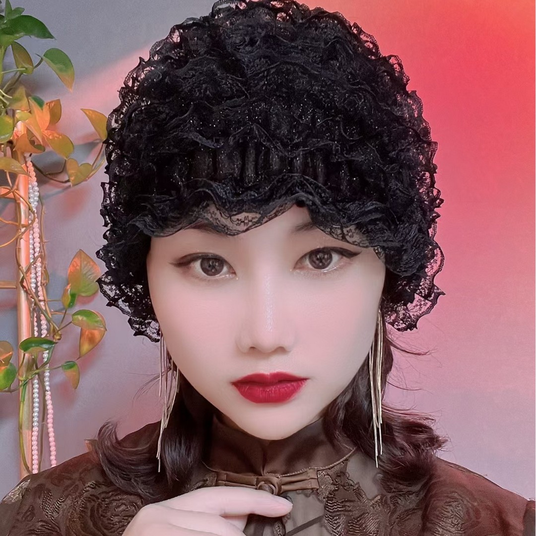 四季款新款帽子女士遮白发蕾丝网纱包头帽秋冬保暖时尚防风帽透气