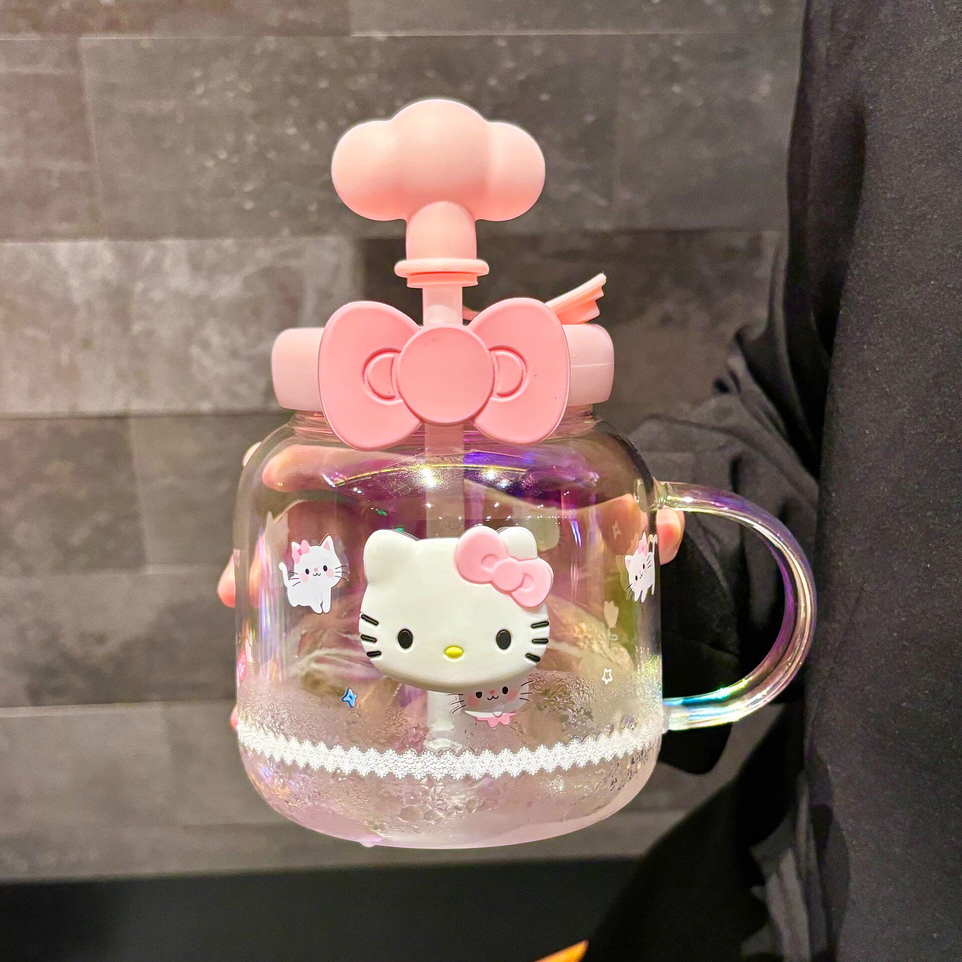 Hellokitty玻璃杯大容量吸管水杯女生高颜值可爱泡茶杯学生桌面杯